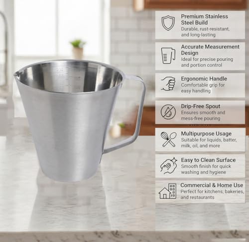 Image of KMW Stainless Steel Measuring Jug with Handle Without Base I for Craft, Kitchen, Baking, and Liquid I 1000 ML (Pack of 1)