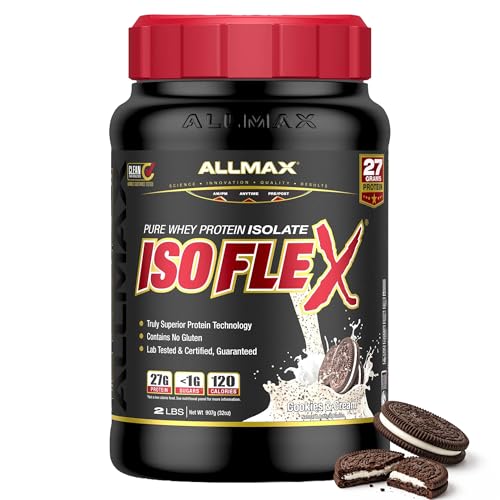 ALLMAX ISOFLEX Pure Whey Isolate Protein Powder - Gluten Free, Low Lactose, Sugar-Free - High-Protein, Clean, Keto-Friendly for Pre Post Workout Supplement for Women and Men | Cookies & Cream, 2lb
