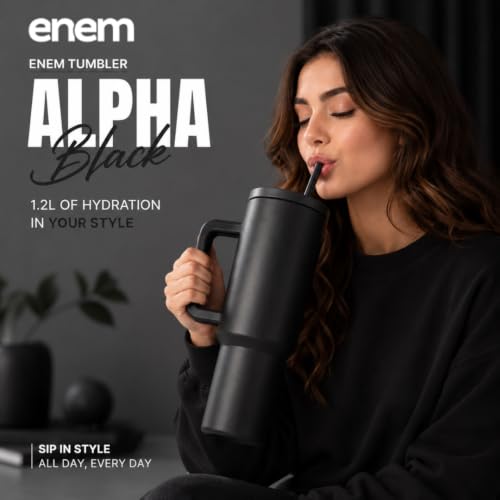 Image of enem Tumbler, Alpha Black, Insulated Premium Vacuum Leak Proof Stainless Steel Travel Mug with Handle, Lid & Straw, 1.2L for Coffee, Iced Tea, or Water