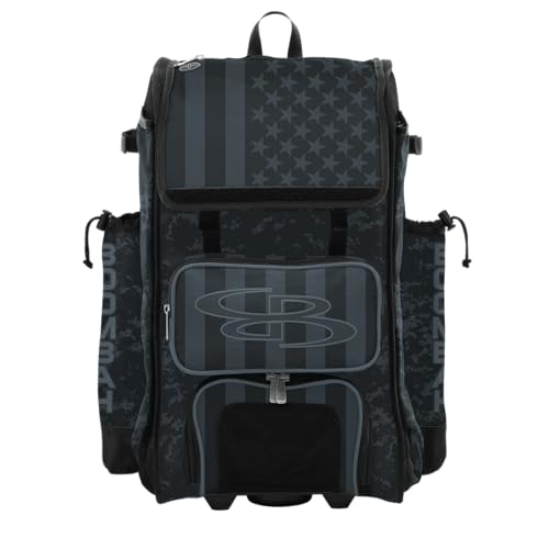 Boombah Rolling Catchers Superpack Baseball/Softball Bat Bag - Telescopic Handle - Holds 4 Bats - Wheeled Version - USA Clandestine 2 Black/Charcoal