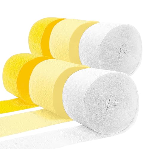 Image of PheiLa Crepe Paper Streamers 6 Rolls 492ft, Yellow Crepe Paper Decorations for Birthday Wedding Baby Shower Bride Sunflower Theme Party Decor, 1.77 Inch x 82 Ft /Roll