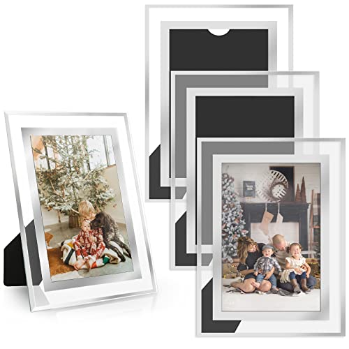 YOUNTHYE 4Pack Picture Frames 6x4, Glass Photo Frames Silver Mirrored Glass Frame Picture Frame for Tabletop Display Horizontally or Vertically, Home School office Decoration