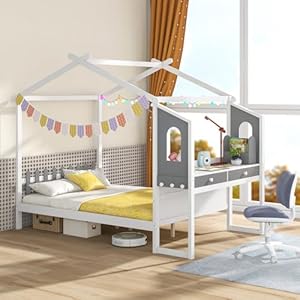 Komfottfullhousebedwithdeskwoodmontessoribedframewithhouseroofcanopy2drawersmodernplayhousebedwithfenceforkidsteensgirlsboysnoboxspringneededwhitegray  Urban Country Home Decor Komfott full house bed with desk wood montessori bed frame with house roof canopy 2 drawers modern playhouse bed with fence for kids teens girls boys no box spring needed white gray  urban country home decor