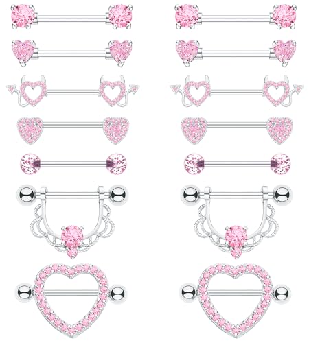 BSJ4U 7 Pairs Nipple Piercing Jewelry 14G Stainless Steel Pink Nipple Rings for Women Cute Heart Nipple Barbells