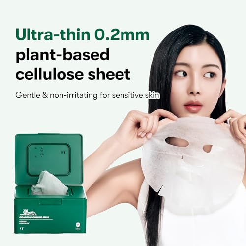Image of VT COSMETICS CICA Daily Soothing Mask, 30 Sheet Face Masks for Sensitive Skin, Centella Asiatica & Triple Hyaluronic Acid, Hydrating Korean Sheet Mask for Redness, Dryness & Skin Barrier Care