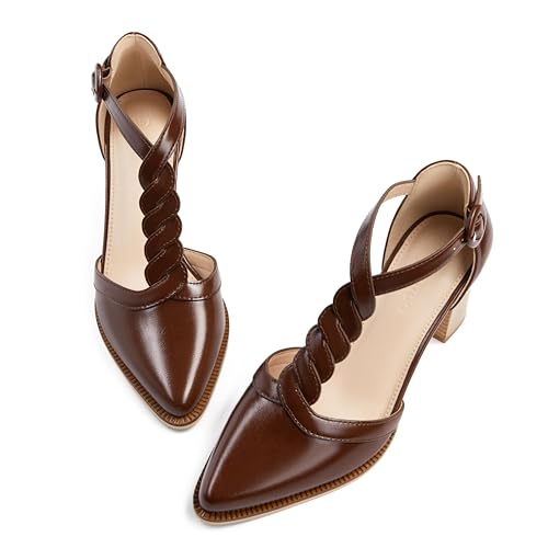 Image of Coutgo Womens Block Chunky Heels T Strap Pointed Toe Work Dress Shoes