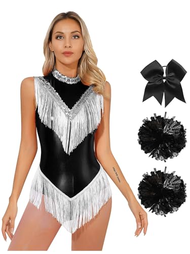 ACSUSS Women Metallic Cheer Leader Uniform Costume Stage Performance Cheerleading Outfit Black Medium