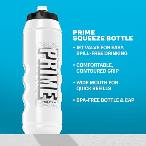 Image of PRIME 32 oz White Graffiti Squeeze Sports Water Bottle, BPA Free, Dishwasher Safe, Easy-Grip Ergonomic Leakproof Design, Fast Hydration for Gym, Cycling, Running