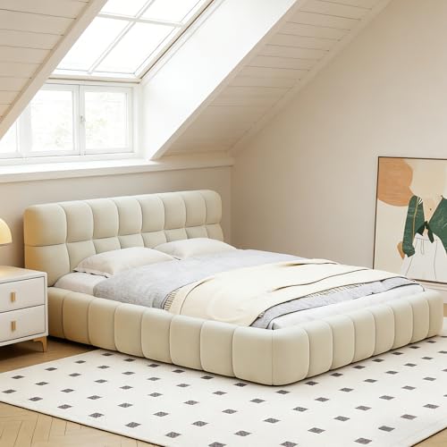 YGHQAP Polsterbett Bubble Bett 140x200cm, Jugendbett mit weicher Rückenlehne, Doppelbett Bettgestell mit Lattenrost, Leinen, ohne Matratze (Beige, 140 * 200)