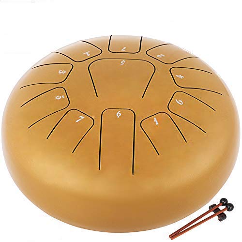 Happybuy Steel Tongue Drum 11 Notes 10 Inches Handpan Steel Drum Golden Handpan Drum Hand Drums Percussion Instrument with Bag