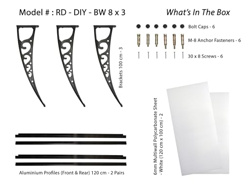 Image of CHENNAI Window Blinds and Shades DIY Polycarbonate Awning (Engineered Plastic Brackets) Window Sunshade Door Weather Shed Rain Canopy Awnings - 8'Widthx3'Depth (Black Brackets & White Sheets)
