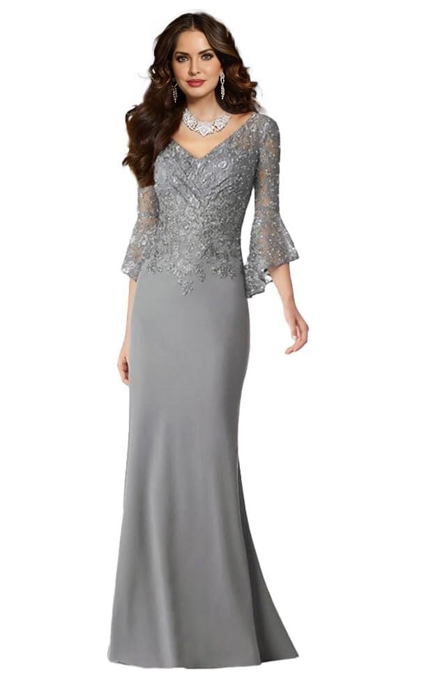 Long Lace Mother of Bride Dresses with Sleeves Mermaid V Neck Formal Dress for Women Wedding Guest Party Gown3