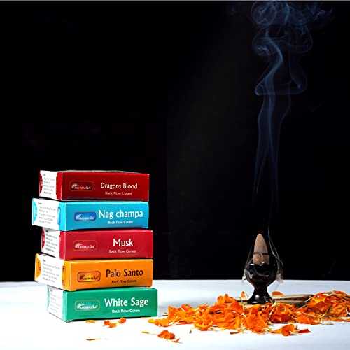 Image of Aromatika Natural Backflow Incense Cones, 5 Packs 5 Fragrances 50 Pcs, (Nag Champa, Dragons Blood, White Sage, Palo Santo, Musk) | Pack 'A'