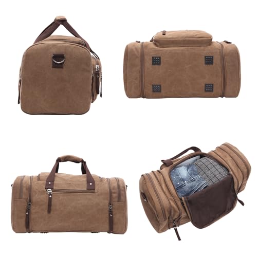 Vintage Canvas Duffle Bag, 55L Stylish Vintage Canvas Travel Duffel Backpack Multifunctional Overnight Weekender Overnight Travel Bag For Men and Women (Coffee)2