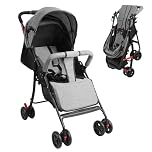 feneihe Lightweight Travel Pushchair, One-Hand Fold Baby Pram with Adjustable Seat, Extended Canopy & Large Basket, from Newborn to 2 Years (10kg), Compatible with Car Seat & Stroller Footmuff Grey