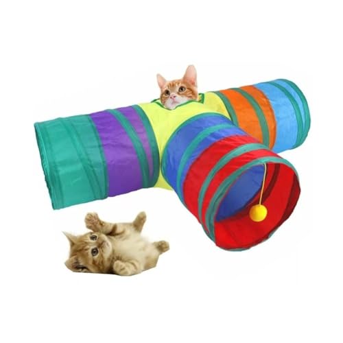 Túnel para Gatos em T, 76 cm, 3 Entradas com Bolinha, Dobrável, Colorido