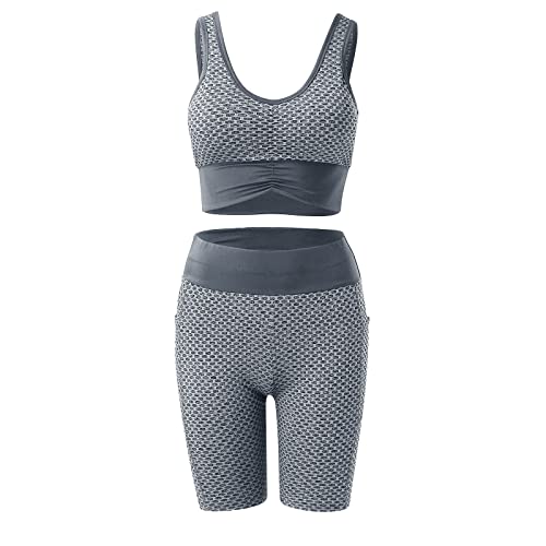 Roupas de ioga para mulheres, conjunto de 2 peças, sem costura, manga curta, crop top, leggings de t