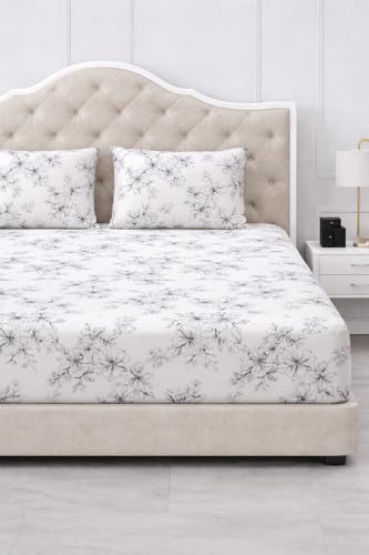 Image of 300 TC Cotton Feel Glace Cotton Elastic Fitted Bedsheet for King Size Double Bed | Fits up to 8 Inch Mattress | Printed Bedsheet with 2 Pillow Covers (White Black, King Size - 72 inchx78 inch)
