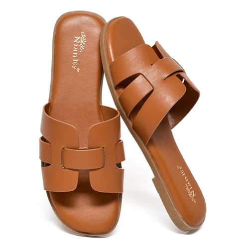 Image of NianEr Womens Microfiber Leather Memory Foam H Sandals Summer Shoes Slides | Flat, Comfortable, Slip On, Dressy, Dress, Beach, Vacation, Designer, Comfy, Casual, Bridal, Church, Boho, Office, Work