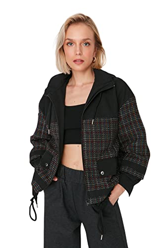 Trendyol Black Tweed Fabric Detailed Hooded Oversize Mont Coat, Negro, S para Mujer