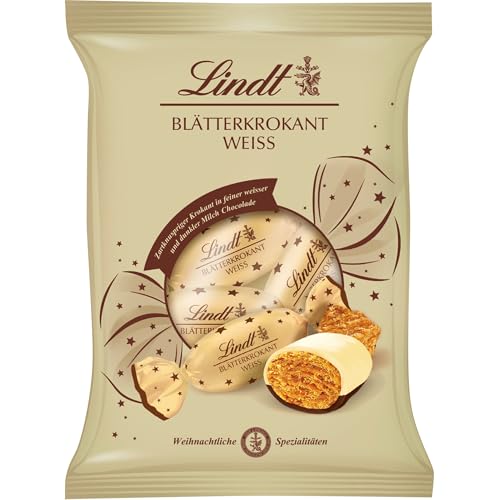 Lindt Schokolade | Blätterkrokant Kugeln Beutel | 90g | Zartknuspriger Krokant umhüllt in weißer Schokolade | Schokoladen-Geschenk zu Weihnachten