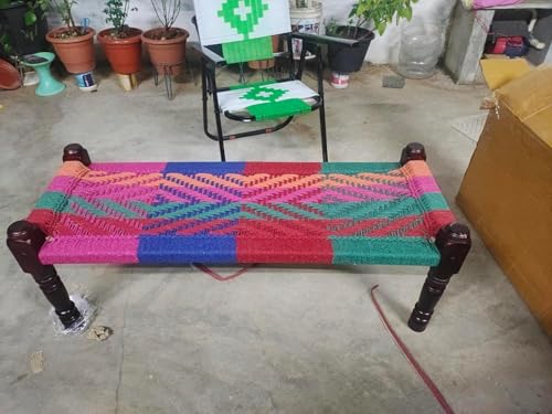 Sheesham Wooden Charpai with Colorful Weaving - Living Room & Garden Bench - Cotton & Jute Rope - Jute & Black Rope || Traditional Cot for Balcony or Patio || Ethnic Charpai Bench