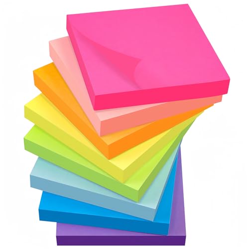 Hanyousheng 800pcs Sticky Notes, Feuillets Autocollants 76 x 76 mm, Notes Sticky Carrées, 100 Feuilles par Bloc, pour Bureau, Maison, École, Réunion(8 Couleurs)