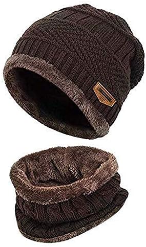 Ultra Soft Inside Fur Unisex Woolen Beanie Cap Plus Neck Warmer Muffler Scarf Set for Men Women (Set of 2) -Brown
