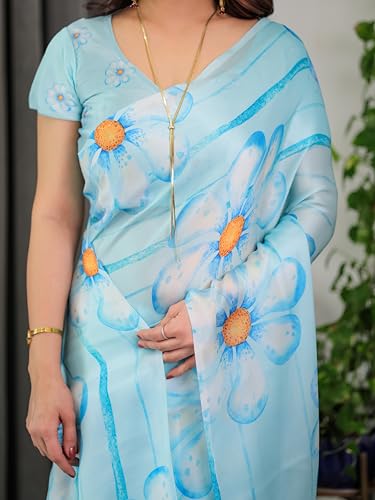 Image of ALMAARI FASHION Satin Georgette Floral Printed Saree with Blouse, Sky Blue with Orange Daisy Flowers, 5.5 Meter, Free Size