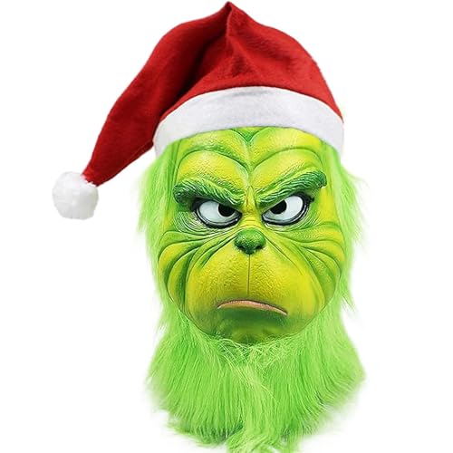 WPOZD Deluxe Green Monster Mask with Santa Hat Plush Fur Adult Size Christmas Holiday Costume Accessory