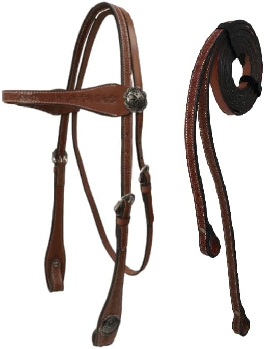 Tahoe Tack Hand-Tooled Barbwire Leather Western Browband Horse Headstall with Matching Split Reins