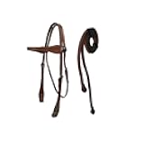 Hand-Tooled Barbwire Leather Western Browband Horse Headstall with Matching Split Reins