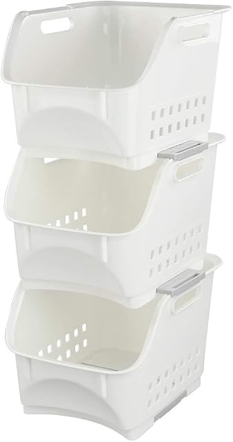 Hokky 3 Tier White Stackable Kitchen Storage Basket, Stacking Storage Basket