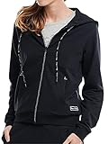 blauschwarze Kapuzenjacke für Damen von Marc O´Polo Kapuze mit gravierten Metallösen und gebrandeter Kordel durchgehender Reißverschluss, Taschen mit Nahtriegelung Rippbündchen an den Armabschlüssen und am Saum, Marc O´Polo Retrologo am Saum Größenkennzeichnung durch Softprint im Nackenbereich - ohne störendes Innenetikett aus elastischer, softer Sweatware
