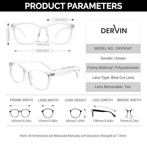 Image of Dervin Blue Light Blocking Glasses Gaming Filter Transparent Square Eyeglasses for Eye Protection Men Women, Computer /Tablet /Laptop /Mobile /TV, Anti-blue & Anti eyestrain