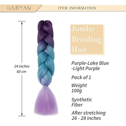 Gairyan Braiding Hair Extensions for Braiding 1 Bundle 100g 24" Ombre Jumbo Braiding Hair Colorful Synthetic Hair for Braid Soft Box Braids Crochet Twists (Purple-Lake Blue-Light Purple) - Image 2