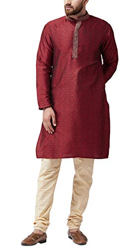 Image of SOJANYA (Since 1958 Mens Maroon Jacquard Silk Kurta and Black Churidaar Pyjama Set