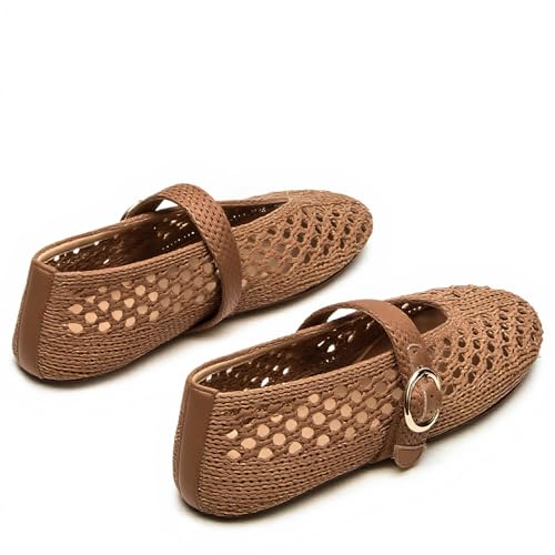 Image of Woven Ballet Flats Women Mesh Raffia Flats Round Toe Mary Janes Comfortable Ballerina Flat Shoes