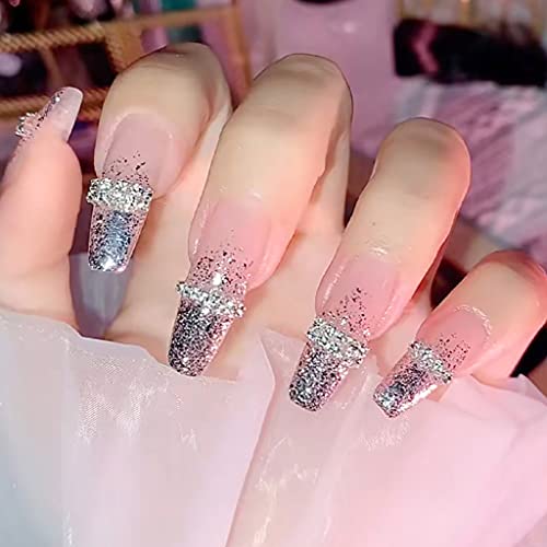 RikView French Press on Nails Long Fake Nails Coffin with Rhinestones Purple Nails for Women