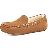 KIDMI Women's Genuine Suede Moccasin Slippers Fluffy Cozy House Shoes with Soft Sole Indoor/Outdoor, Chestnut 38