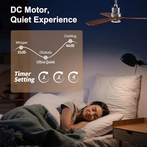 Image of Obabala 52 Inch Ceiling Fans with Lights and Remote Control-Outdoor Ceiling Fan Walnut Wood 3 Blade for Bedroom Living Room Indoor Farmhouse Patio, Reversible Noiseless DC Motor