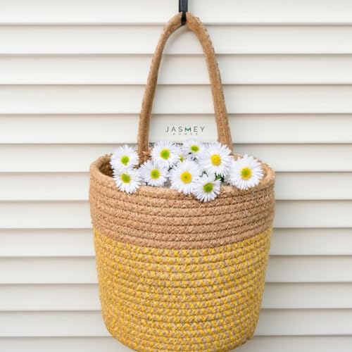 Image of JASMEY HOMES Wall Hanging Jute Basket for Vegetables /Newspaper Storage Box for Home /Milk Basket for Main Door Hanging from (Green & Yellow)
