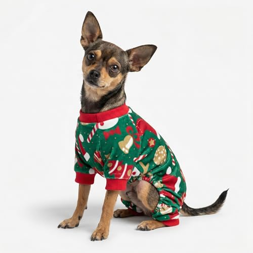 Image of Fitwarm Christmas Dog Pajamas, Dog Winter Clothes for Small Dogs Boy Girl, Lightweight Velvet Pet Jammies, Red, Green, Medium