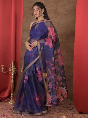 Image of Satrani Women's Kota Chex Printed Saree with Unstitched Blouse Piece