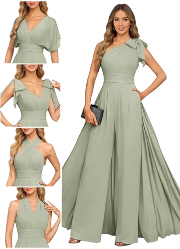Mkojaa Elegant Women's Convertible Mother of the Bride Jumpsuit Chiffon Wide Leg Pants with Sleeveless Overlay Formal Party Gown Dusty Sage US12