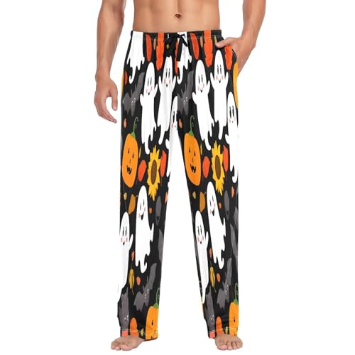 Qilmy Halloween Ghosts And Pumpkins Men's Cotton Pajama Pants, Lightweight Lounge Sleepwear with Drawstring and Pocket