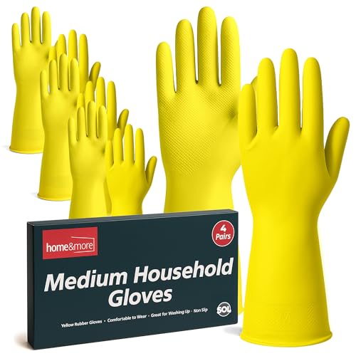 Image of SOL 4 Pairs Kitchen Rubber Gloves Medium, Yellow Heavy Duty for Cleaning with Non-Slip Grip, Durable Waterproof Design for Household, Bathroom & Dishwashing, Multipurpose & Comfortable To Use