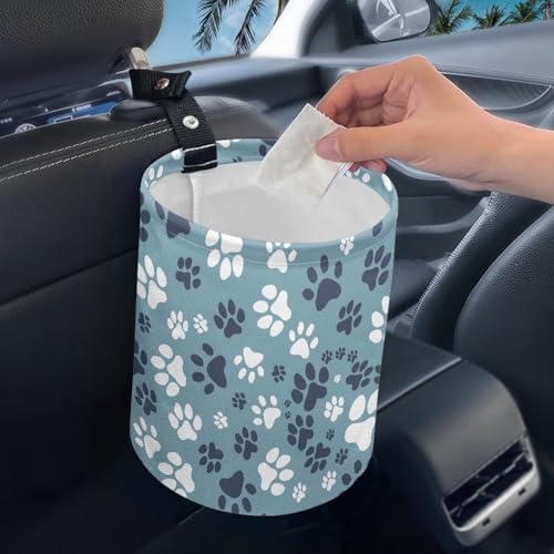 Image of Blue Dog Paw Design Car Garbage Can Mini Car Trash Bin Hanging Headrest with Adjustable Buttons Multipurpose Cars Organizer