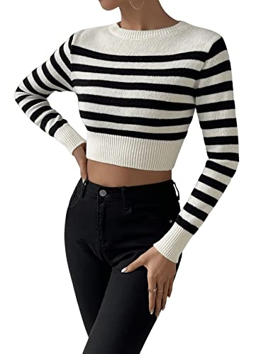 Image of SweatyRocks Women's Striped Ribbed Knit Long Sleeve Round Neck Shirt Slim Fit Pullover Sweater Crop Top Black White L