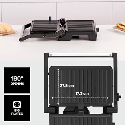 Taurus - Elektrischer Kontaktgrill Grill&Co GR1500X | 1500W | Antihaftplatten 27,5 x 17,3 cm | 180° Schwenkdeckel | Einstellbarer Thermostat | Rutschfeste Basis | Abnehmbare Fettauffangschale – Bild 4